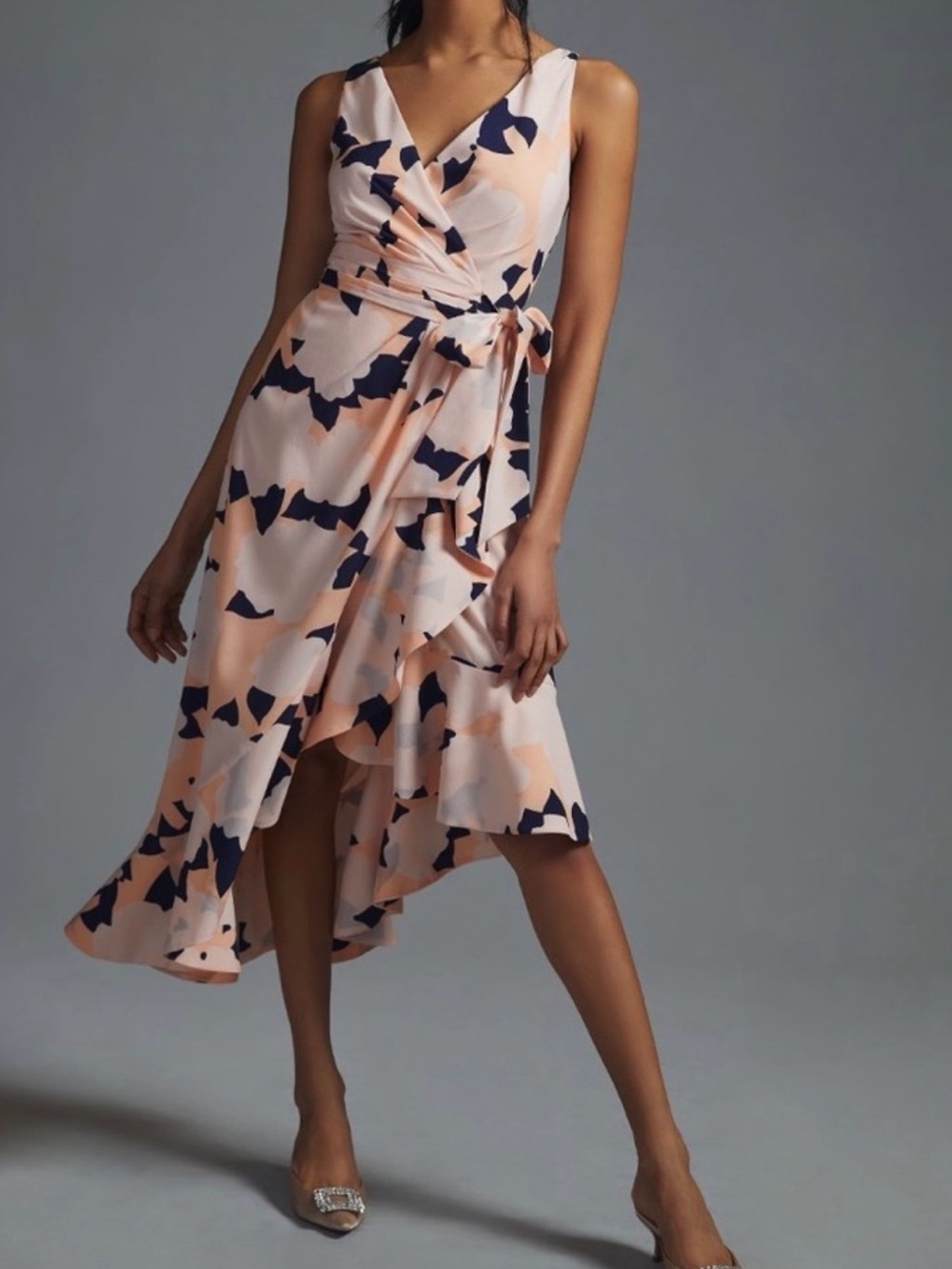 Hutch Peach and Navy Asymmetrical Wrap Dress